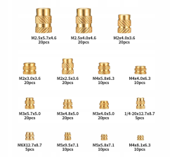 Sada mosazných závitových vložek (M2–M5) – 220 ks